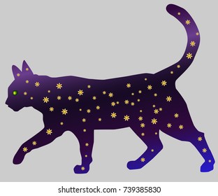 Cat-night. Cat silhouettes painted with a night sky with stars