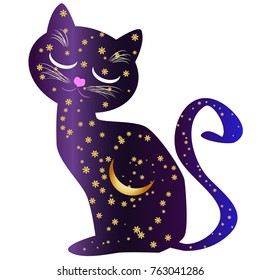 Cat-night. Cat silhouettes painted with a night sky with stars and a young moon
