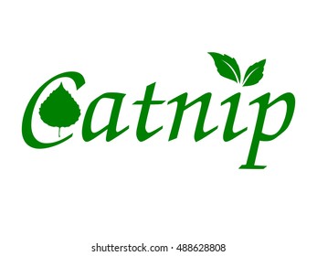 Catnip leaf and a green text reading catnip with leaves on the letter i