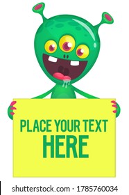 Catoon alien holding blank sign with sample text. Vector illustration