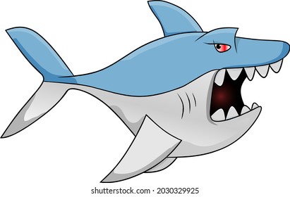 catoon angry blue shark with red eye