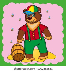 Catoon bear in cap  with bee and barrel of honey colored