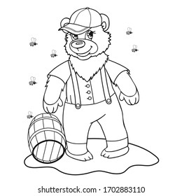 Catoon bear in cap  with bee and barrel of honey coloring page
