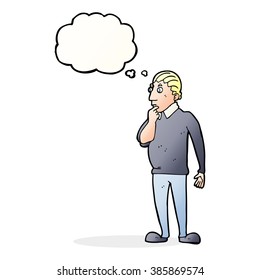 catoon curious man with thought bubble