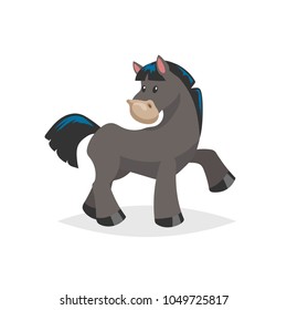 Catoon cute black horse. Farm animal vector illustration isolated on white background. Trendy flat design.
