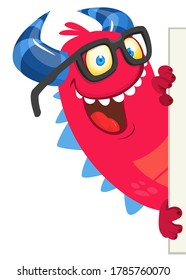 Catoon funny red  dragon creature holding blank sign with sample text. Vector illustration
