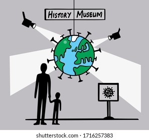 A catoon illustration of a the planet earth a virus planet exhibit in a museum. A metaphor of the Covid-19 virus and the pandemics global impact.