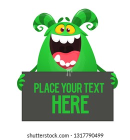 Catoon Monster character holds empty banner sign. Cartoon Halloween illustration
