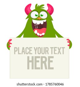 Catoon monster holding blank paper with sample text. Vector illustration