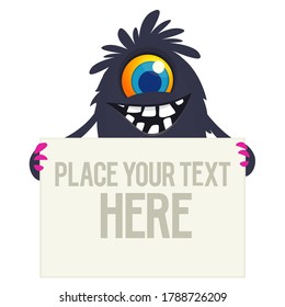 Catoon monster holding blank sign with sample message on it. Vector illustration