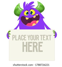 Catoon monster holding blank sign with sample message on it. Vector illustration