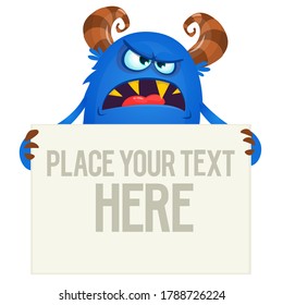 Catoon monster holding blank sign with sample message on it. Vector illustration