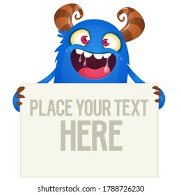 Catoon monster holding blank sign with sample message on it. Vector illustration