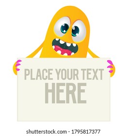 Catoon monster holding blank sign with sample message on it. Vector illustration