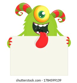 Catoon monster with one eye  holding blank paper. Vector illustration