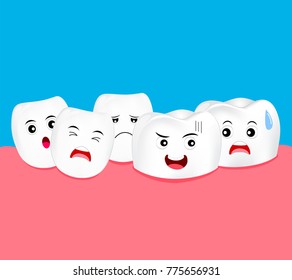Catoon tooth character crowding. Dental problem concept, illustration. 