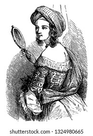 Catoptromancy, diviation by means a mirror and many villages of the diviners who use this diviation. The diviner makes the evocations, and the devil shows in a mirror, vintage engraved line art.