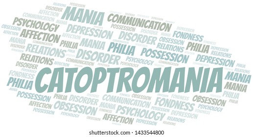 Catoptromania word cloud. Type of mania, made with text only.