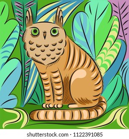 cat-owl. color graphic illustration of a fantastic animal