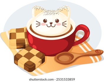 Catpuccino (Cappuccino) com biscoitos quadriculados e colher de madeira na toalha de cozinha - Kawaii Food Art 