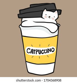 Catpuccino, cat in coffee cup cartoon vector illustration