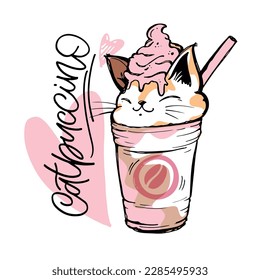 Catpuccino - cute hand drawn doodle illustration of cat with coffee mug. Cat lover, coffe time. T-shirt design, mug print.