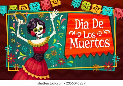 Catrin calavera on dia de los muertos day of the dead mexican holiday banner. Vector greeting card for latin Halloween celebration with female skeleton wear red dress dancing flamenco with tambourine