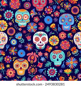 Catrin Mexikanische nahtlose Muster mit Calavera Zucker Schädel und tropischen Blumen. Day of the Dead Holiday Vektorgrafik Print oder Wrapping Paper Hintergrund, Dia de Los Muertos Textil mit kunstvollen Totenköpfen