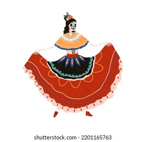 Catrina Calavera Garbancera, esqueleto femenino mexicano de El dia de los Muertos, Día de los Muertos. Katrina con flores en flamenco de pelo. Ilustración vectorial plana aislada en fondo blanco