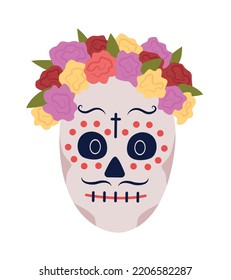 Catrina calavera makeup semi flat color vector character face. Editable full sized mask on white. Dia De Los Muertos celebration simple cartoon style illustration for web graphic design and animation