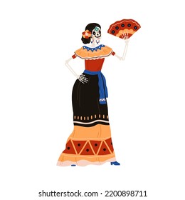 Esqueleto de Catrina Calavera con ventilador vestido, flores. Mujer en el disfraz de Katrina Garbancera para El dia de los Muertos, Día Mexicano de los Muertos. Ilustración vectorial plana aislada en fondo blanco