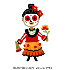 Catrina Calavera esqueleto com fã em vestido, flores. Mulher em traje Katrina Garbancera para El dia de los Muertos, feriado do Dia Mexicano da Morte. Ilustração de vetor de desenhos animados isolada no branco 