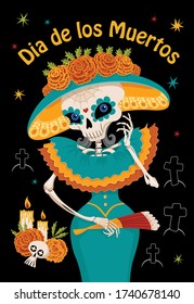 Catrina cartoon. Catrina La Calavera,  woman Sugar skull. Day of the dead, Dia de los muertos card design. 