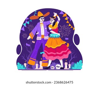 A Catrina Couple With Traditional Mexican Costumes Dancing Together on the Day of the Dead, a Traditional Halloween in Mexico. Dia de Los Muertos Illustration