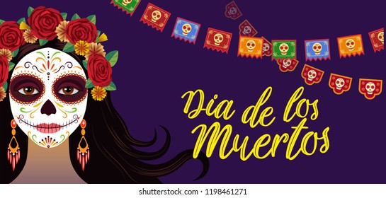 Tag der Toten, bunter Banner und Karte mit Mädchen mit traditionellen Make-up und Blumen im Haar, mexikanische Feiertage, Zuckerschädel. Einladung zur Party Dia de los muertos. Vektorgrafik im Flachstil.