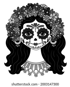 Catrina Dia de los muertos. Day of the dead and Halloween. Mexican tradition, festival. Day of the dead Woman make up of sugar skull. Calavera Catrina isolated. Dia de los Muertos tattoo background.