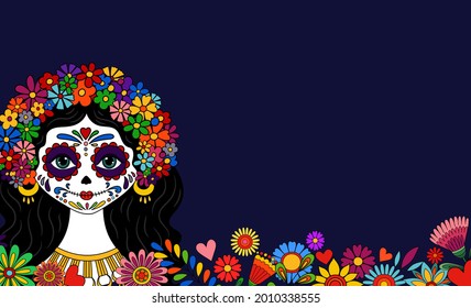 Catrina Dia de los muertos. Day of the dead and Halloween. Mexican tradition, festival. Day of the dead Woman make up of sugar skull. Calavera Catrina isolated. Dia de los Muertos tattoo background.