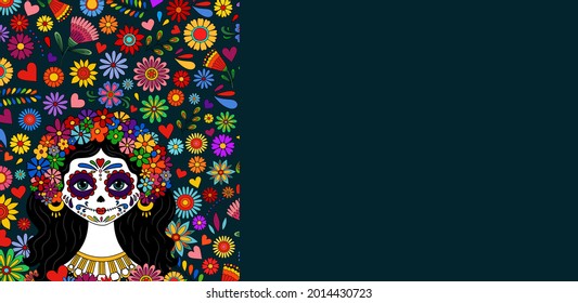 Catrina Dia de los muertos. Day of the dead and Halloween. Mexican tradition, festival. Day of the dead Woman make up of sugar skull. Calavera Catrina isolated. Dia de los Muertos tattoo background.