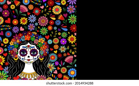 Catrina Dia de los muertos. Day of the dead and Halloween. Mexican tradition, festival. Day of the dead Woman make up of sugar skull. Calavera Catrina isolated. Dia de los Muertos tattoo background.