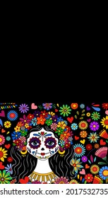 Catrina Dia de los muertos. Day of the dead and Halloween. Mexican tradition, festival. Day of the dead Woman make up of sugar skull. Calavera Catrina isolated. Dia de los Muertos tattoo background.