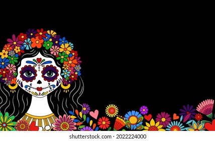 Catrina Dia de los muertos. Day of the dead and Halloween. Mexican tradition, festival. Day of the dead Woman make up of sugar skull. Calavera Catrina isolated. Dia de los Muertos tattoo background.
 