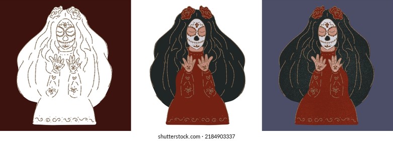 Catrina at dia de los muertos, day of the dead party. Woman dressing up fancy costumes for Halloween party. Hand drawn flat vector illustration cartoon character isolated on white background.