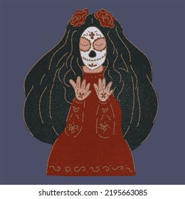 Catrina at dia de los muertos, day of the dead party. Woman dressing up fancy costumes for Halloween party. Hand drawn flat vector illustration in colored pencil texture style.