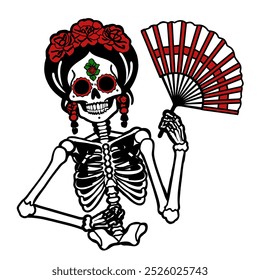 Catrina mit Ventilator. Zuckerschädel einer Frau. Mexikanischer Tag der Toten. Vektorgrafik einzeln.