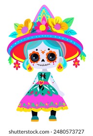 Catrina. Female symbol of Day of the Dead. Bright cute dead girl. Vector isolated illustration.