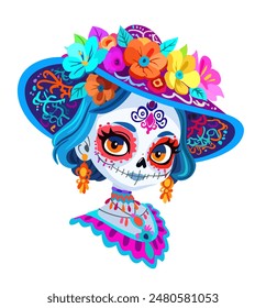 Catrina. Female symbol of Day of the Dead. Bright cute dead girl. Vector isolated illustration.