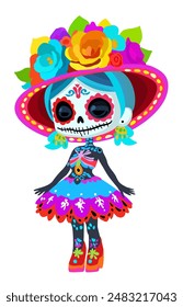 Catrina. Female symbol of Day of the Dead. Bright cute dead girl. Vector isolated illustration.