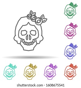 Catrina, flower, plant, hair, skull multi color style icon. Simple thin line, outline vector of dia de muertos icons for ui and ux, website or mobile application