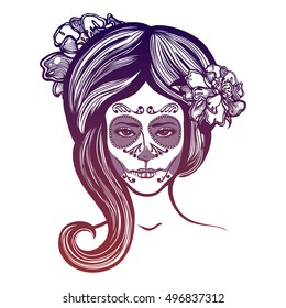 Catrina. Girl with marigolds flowers in her hair and make-up to the Mexican holiday Day of the Dead. Dia de Los Muertos card. Invitation poster. Halloween.