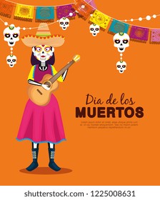 catrina with hat and guitar with party banner